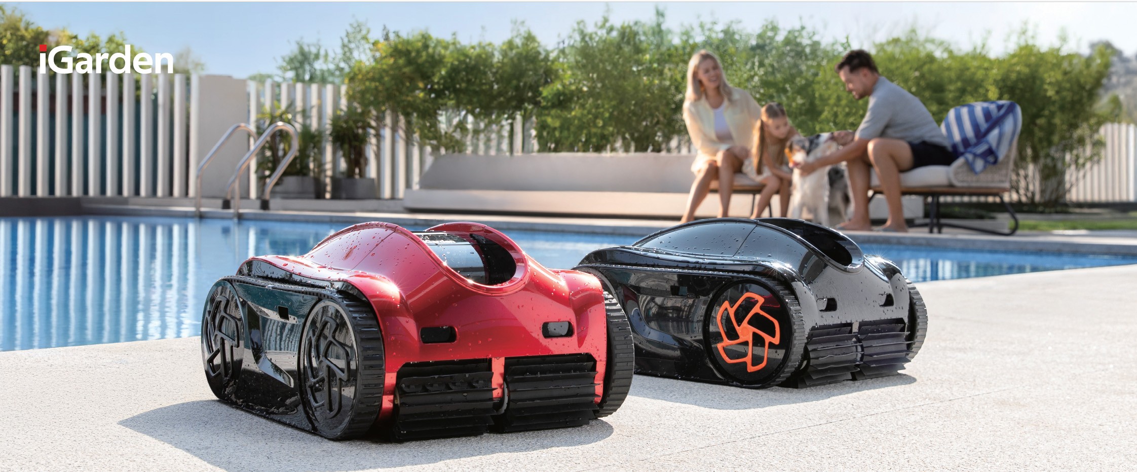 iGarden cordless robotic pool cleaners beside a swimming pool